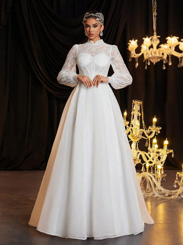 Elegant White Pearled Lace Splice Mesh Stand Collar Lantern Sleeve Sheer Bust Cup Fishbone Extra-Large A-Line Back Train Luxury Wedding Dress