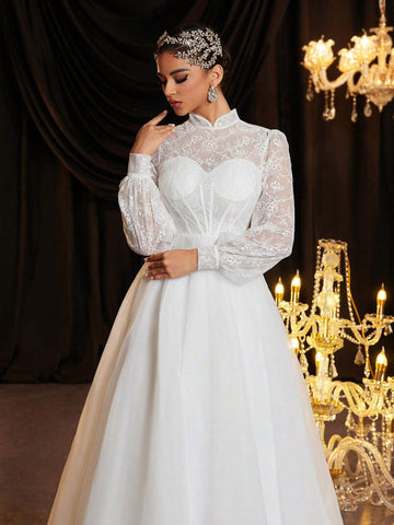 Elegant White Pearled Lace Splice Mesh Stand Collar Lantern Sleeve Sheer Bust Cup Fishbone Extra-Large A-Line Back Train Luxury Wedding Dress