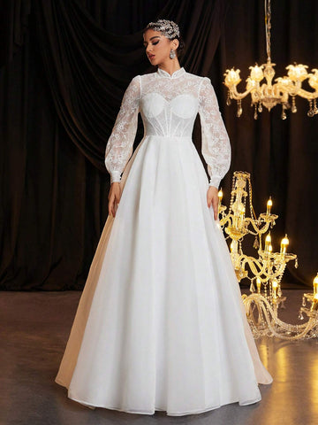Elegant White Pearled Lace Splice Mesh Stand Collar Lantern Sleeve Sheer Bust Cup Fishbone Extra-Large A-Line Back Train Luxury Wedding Dress