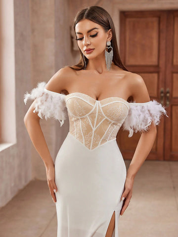 Elegant White Strapless Lace & Satin Patchwork Dress, With Feather Decoration And Side Slit Fish Tail Hem. Perfect For Formal Occasions Such As Prom, Wedding And Evening Party. (Note: Sleeve Decoration Is Real Feathers)