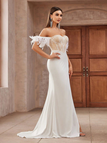 Elegant White Strapless Lace & Satin Patchwork Dress, With Feather Decoration And Side Slit Fish Tail Hem. Perfect For Formal Occasions Such As Prom, Wedding And Evening Party. (Note: Sleeve Decoration Is Real Feathers)