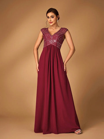 Elegant Wine Red Chiffon Fabric Splicing Mesh Gauze V-Neck Hot Diamond Pattern Secondary Process Cap Sleeves Waist-Revealing A-Line Hem Suitable For Wedding Events Evening Dance Party Mother Dress Evening Dress Bridesmaid Dress
