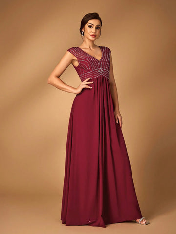 Elegant Wine Red Chiffon Fabric Splicing Mesh Gauze V-Neck Hot Diamond Pattern Secondary Process Cap Sleeves Waist-Revealing A-Line Hem Suitable For Wedding Events Evening Dance Party Mother Dress Evening Dress Bridesmaid Dress