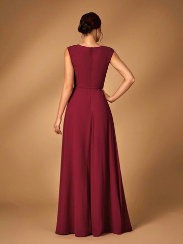 Elegant Wine Red Chiffon Fabric Splicing Mesh Gauze V-Neck Hot Diamond Pattern Secondary Process Cap Sleeves Waist-Revealing A-Line Hem Suitable For Wedding Events Evening Dance Party Mother Dress Evening Dress Bridesmaid Dress