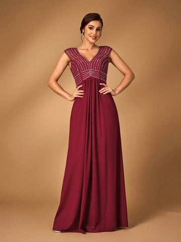 Elegant Wine Red Chiffon Fabric Splicing Mesh Gauze V-Neck Hot Diamond Pattern Secondary Process Cap Sleeves Waist-Revealing A-Line Hem Suitable For Wedding Events Evening Dance Party Mother Dress Evening Dress Bridesmaid Dress