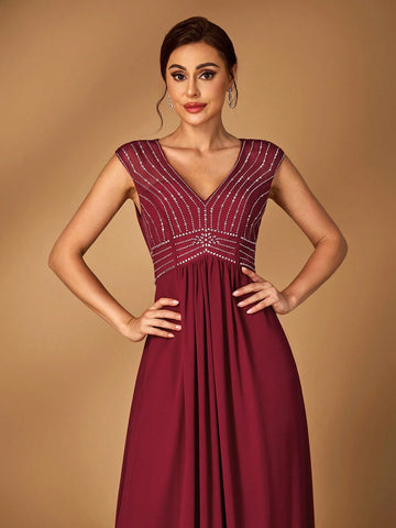 Elegant Wine Red Chiffon Fabric Splicing Mesh Gauze V-Neck Hot Diamond Pattern Secondary Process Cap Sleeves Waist-Revealing A-Line Hem Suitable For Wedding Events Evening Dance Party Mother Dress Evening Dress Bridesmaid Dress