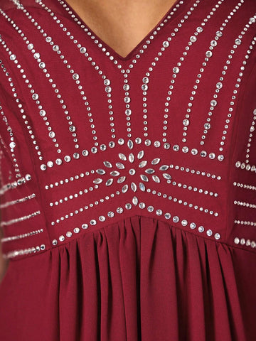 Elegant Wine Red Chiffon Fabric Splicing Mesh Gauze V-Neck Hot Diamond Pattern Secondary Process Cap Sleeves Waist-Revealing A-Line Hem Suitable For Wedding Events Evening Dance Party Mother Dress Evening Dress Bridesmaid Dress