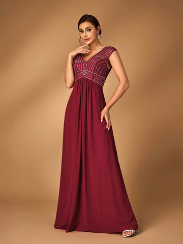 Elegant Wine Red Chiffon Fabric Splicing Mesh Gauze V-Neck Hot Diamond Pattern Secondary Process Cap Sleeves Waist-Revealing A-Line Hem Suitable For Wedding Events Evening Dance Party Mother Dress Evening Dress Bridesmaid Dress