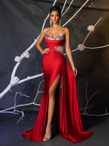 Elegant Wine Red Sequin Patchwork Side Rhinestone Chain Decorated Side High Slit Fishtail Asymmetry Hem Evening Gown, Versatile For Date, Party, Wedding