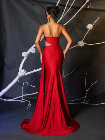 Elegant Wine Red Sequin Patchwork Side Rhinestone Chain Decorated Side High Slit Fishtail Asymmetry Hem Evening Gown, Versatile For Date, Party, Wedding