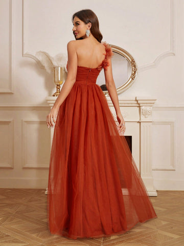 Elegant Woman'S Warm Orange High-Waist Mesh Gathered One-Shoulder Style Bust Three-Dimension