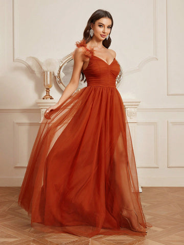 Elegant Woman'S Warm Orange High-Waist Mesh Gathered One-Shoulder Style Bust Three-Dimension