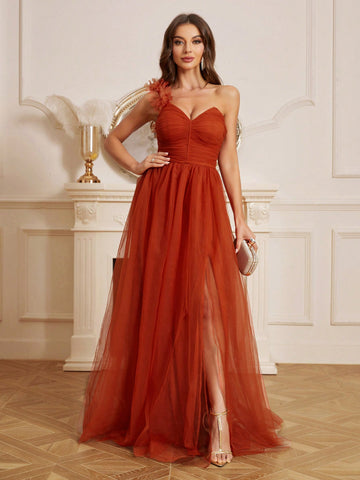 Elegant Woman'S Warm Orange High-Waist Mesh Gathered One-Shoulder Style Bust Three-Dimension