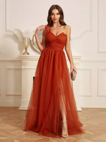 Elegant Woman'S Warm Orange High-Waist Mesh Gathered One-Shoulder Style Bust Three-Dimension