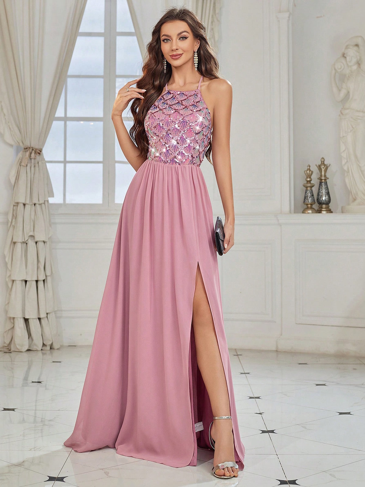 Elegant Woman's Shell Sequin Spliced Chiffon Soft Purple Pink Halter Neck Back Cross Strap Bridesmaid