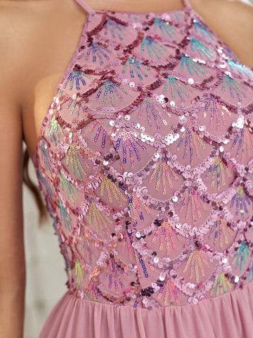 Elegant Woman's Shell Sequin Spliced Chiffon Soft Purple Pink Halter Neck Back Cross Strap Bridesmaid