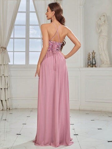 Elegant Woman's Shell Sequin Spliced Chiffon Soft Purple Pink Halter Neck Back Cross Strap Bridesmaid
