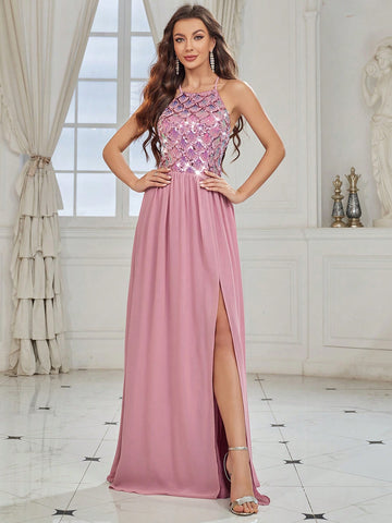 Elegant Woman's Shell Sequin Spliced Chiffon Soft Purple Pink Halter Neck Back Cross Strap Bridesmaid