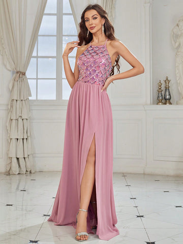 Elegant Woman's Shell Sequin Spliced Chiffon Soft Purple Pink Halter Neck Back Cross Strap Bridesmaid