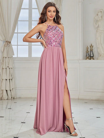 Elegant Woman's Shell Sequin Spliced Chiffon Soft Purple Pink Halter Neck Back Cross Strap Bridesmaid