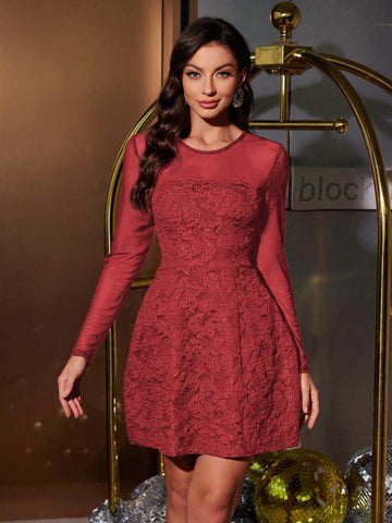Elegant Women Cocktail Party Mesh Floral Jacquard Long Sleeve Dress Women's Christmas Black Evening Dress Formal Party Dresses Autumn And Winter Black Sexy Mesh Long Sleeve Bridesmaid Dress 2024 Autumn And Winter New Design Long-Sleeved Round Neck Dress
