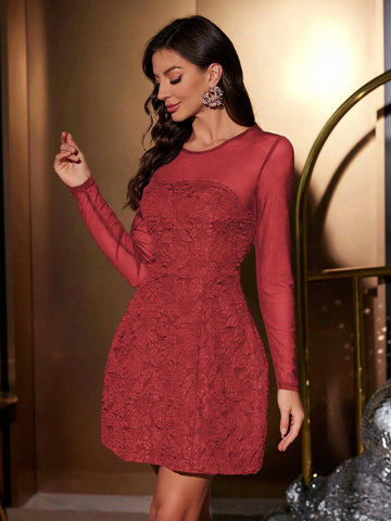 Elegant Women Cocktail Party Mesh Floral Jacquard Long Sleeve Dress Women's Christmas Black Evening Dress Formal Party Dresses Autumn And Winter Black Sexy Mesh Long Sleeve Bridesmaid Dress 2024 Autumn And Winter New Design Long-Sleeved Round Neck Dress