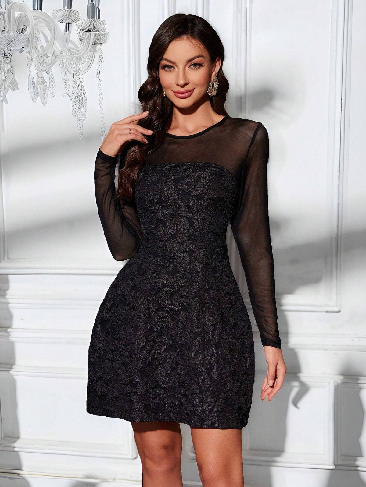 Elegant Women Cocktail Party Mesh Floral Jacquard Long Sleeve Dress (Embellished Style)