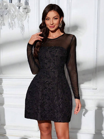 Elegant Women Cocktail Party Mesh Floral Jacquard Long Sleeve Dress (Embellished Style)