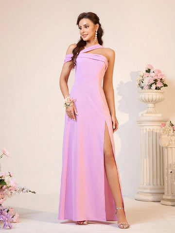 Elegant Women Oblique-Shoulder Pleated High Slit Bridesmaid Dress