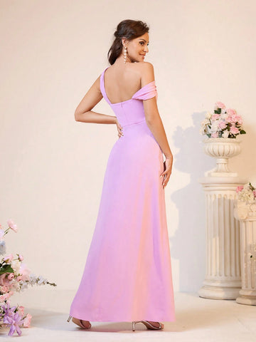 Elegant Women Oblique-Shoulder Pleated High Slit Bridesmaid Dress