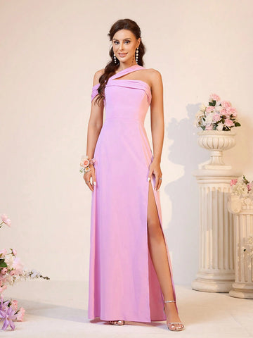 Elegant Women Oblique-Shoulder Pleated High Slit Bridesmaid Dress