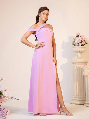 Elegant Women Oblique-Shoulder Pleated High Slit Bridesmaid Dress