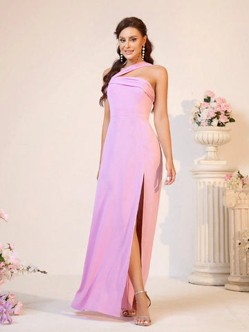Elegant Women Oblique-Shoulder Pleated High Slit Bridesmaid Dress