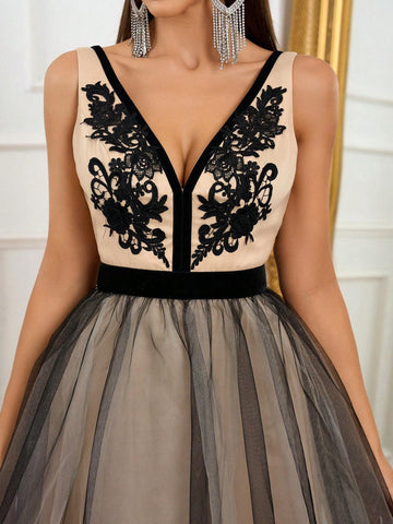 Elegant Women's Black Embroidered Mesh Dress With Contrast Trim, Puffy Mesh Skirt Hem, High-Waist, Backless Design, Suitable For Graduation Parties, School Dances, Afternoon Tea Gatherings, Dates, Parties And Other Formal Occasions