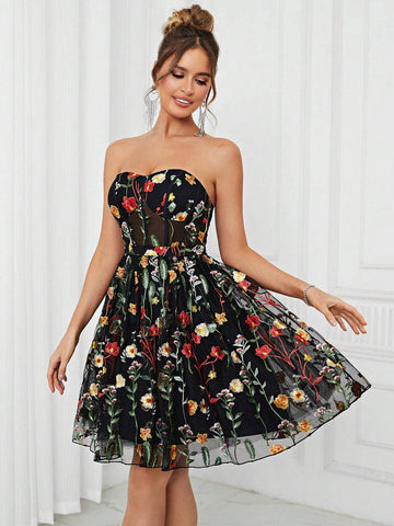 Elegant Women's Black Multi-Color Strap Top See-Through Romantic Mesh Embroidery 3D Floral A-Pend Fluffy Country Music Festival Easter Summer Vacation Wedding Event Bachelor Party Date Graduation Party Date Cocktail Party Dress