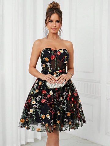 Elegant Women's Black Multi-Color Strap Top See-Through Romantic Mesh Embroidery 3D Floral A-Pend Fluffy Country Music Festival Easter Summer Vacation Wedding Event Bachelor Party Date Graduation Party Date Cocktail Party Dress