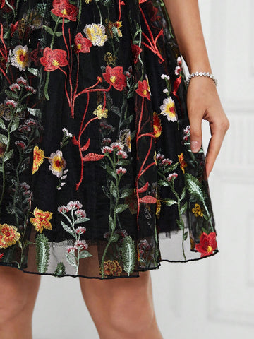 Elegant Women's Black Multi-Color Strap Top See-Through Romantic Mesh Embroidery 3D Floral A-Pend Fluffy Country Music Festival Easter Summer Vacation Wedding Event Bachelor Party Date Graduation Party Date Cocktail Party Dress