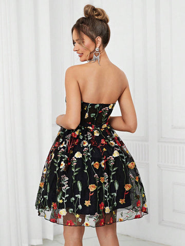 Elegant Women's Black Multi-Color Strap Top See-Through Romantic Mesh Embroidery 3D Floral A-Pend Fluffy Country Music Festival Easter Summer Vacation Wedding Event Bachelor Party Date Graduation Party Date Cocktail Party Dress