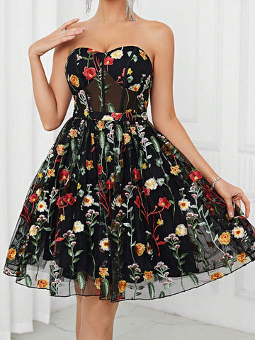 Elegant Women's Black Multi-Color Strap Top See-Through Romantic Mesh Embroidery 3D Floral A-Pend Fluffy Country Music Festival Easter Summer Vacation Wedding Event Bachelor Party Date Graduation Party Date Cocktail Party Dress