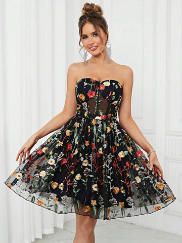 Elegant Women's Black Multi-Color Strap Top See-Through Romantic Mesh Embroidery 3D Floral A-Pend Fluffy Country Music Festival Easter Summer Vacation Wedding Event Bachelor Party Date Graduation Party Date Cocktail Party Dress