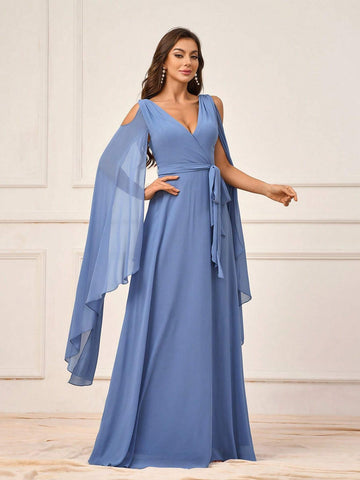 Elegant Women's Dark Grey-Blue Chiffon Fabric Cold-Shoulder Cape Sleeve Irregular Hem  Prom Summer Formal Bridesmaid Dress