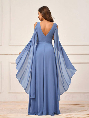 Elegant Women's Dark Grey-Blue Chiffon Fabric Cold-Shoulder Cape Sleeve Irregular Hem  Prom Summer Formal Bridesmaid Dress