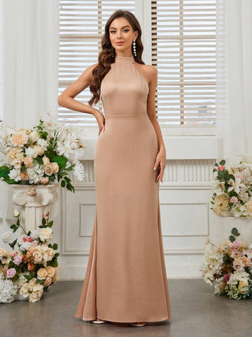 Elegant Women's Early Spring Wedding Season New Style Beige Light Khaki Satin Half-High Collar Back