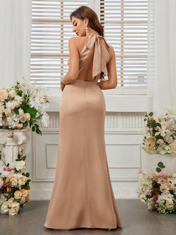 Elegant Women's Early Spring Wedding Season New Style Beige Light Khaki Satin Half-High Collar Back