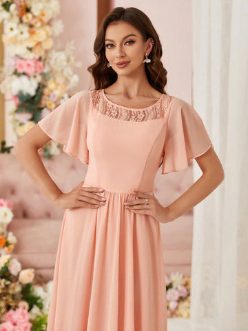 Elegant Women's Early Spring Wedding Season Popular Soft Matte Wax Pink Elegant Chiffon Boat Neck