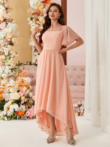 Elegant Women's Early Spring Wedding Season Popular Soft Matte Wax Pink Elegant Chiffon Boat Neck