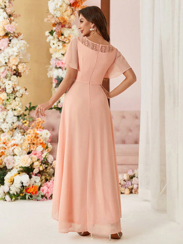 Elegant Women's Early Spring Wedding Season Popular Soft Matte Wax Pink Elegant Chiffon Boat Neck