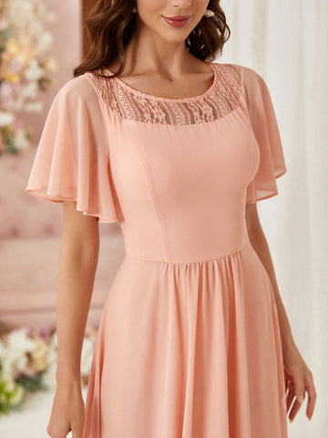 Elegant Women's Early Spring Wedding Season Popular Soft Matte Wax Pink Elegant Chiffon Boat Neck