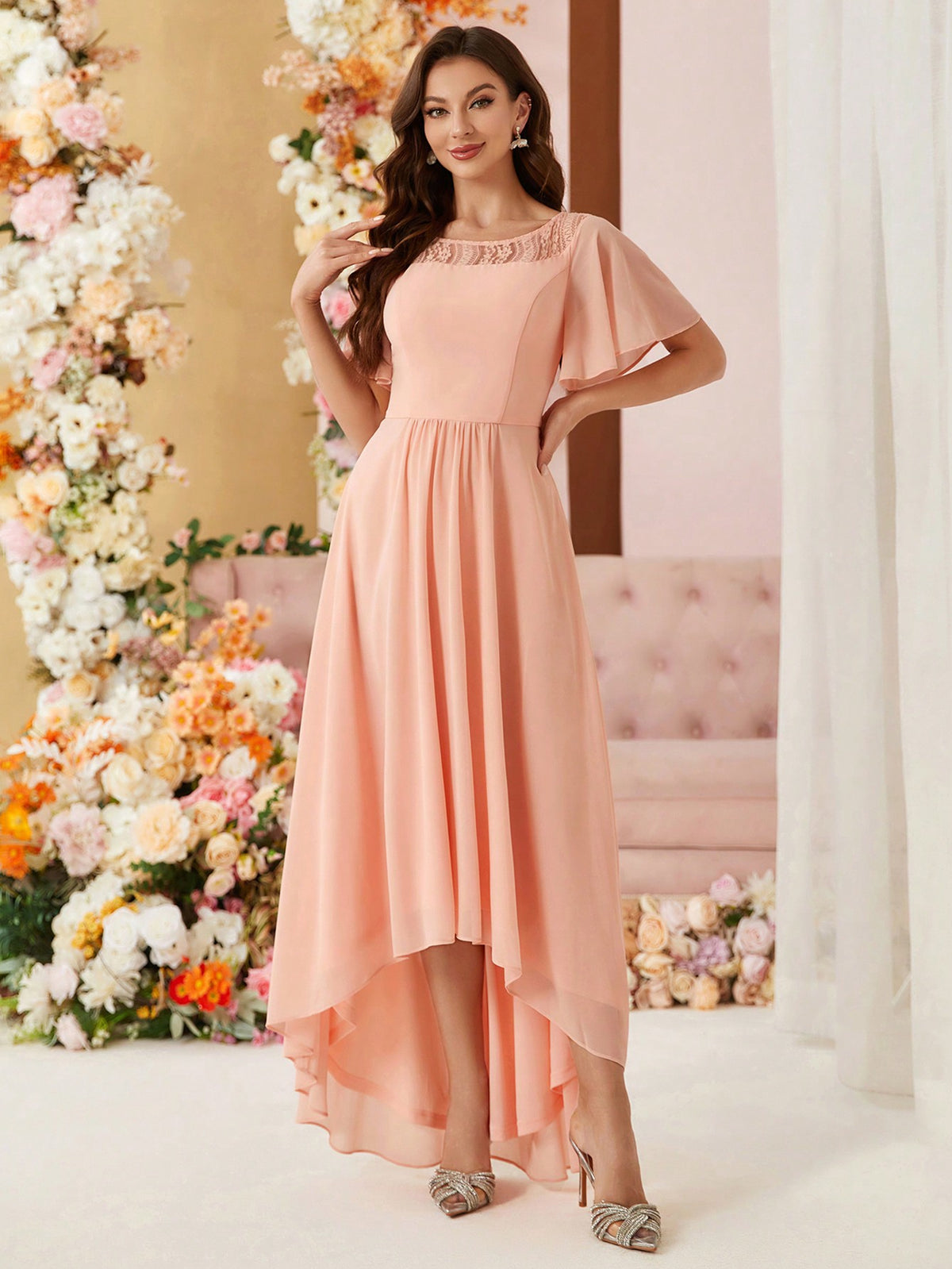 Elegant Women's Early Spring Wedding Season Popular Soft Matte Wax Pink Elegant Chiffon Boat Neck