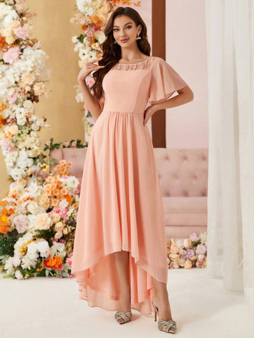 Elegant Women's Early Spring Wedding Season Popular Soft Matte Wax Pink Elegant Chiffon Boat Neck
